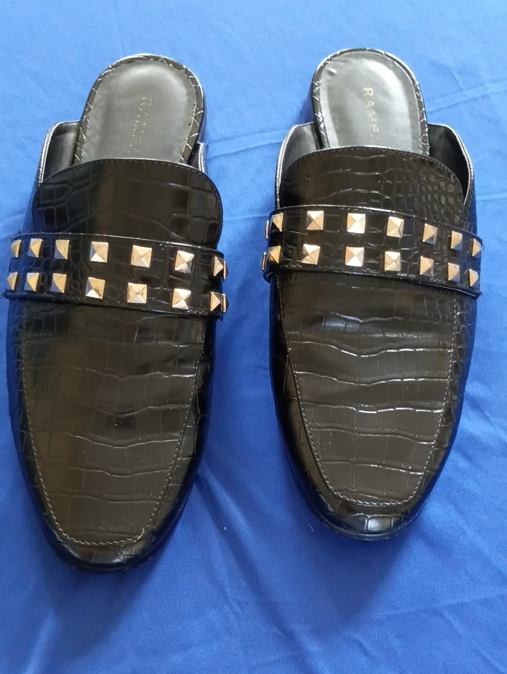 Rampage Black Croc-Embossed Slip-On Mules with Gold Stud Accents